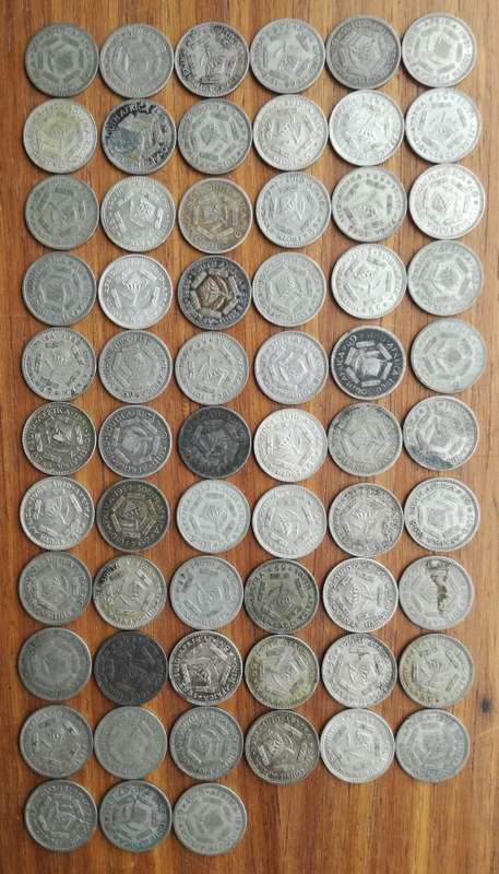South Africa collection of 63 Silver Sixpence coins. 173.59 Grams.