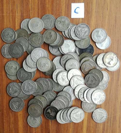 South Africa collection of 100 Silver Threepence coins.