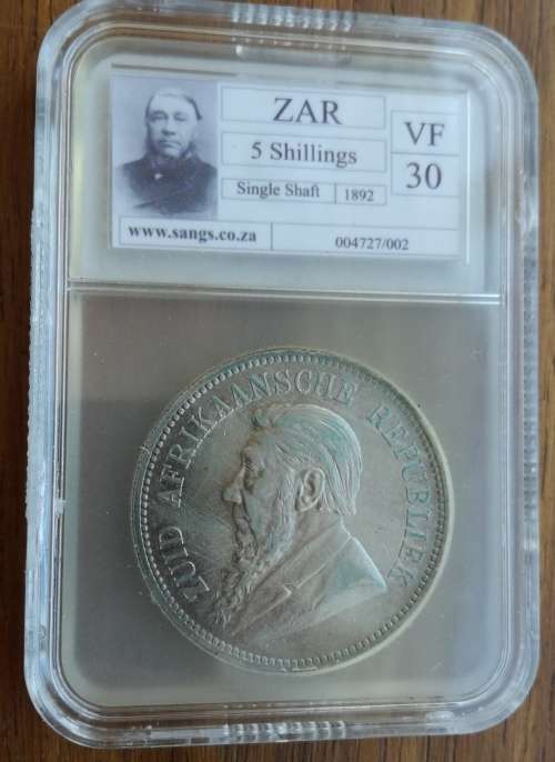 ZAR Paul Kruger 1892 SS VF30 Silver 5 Shillings.