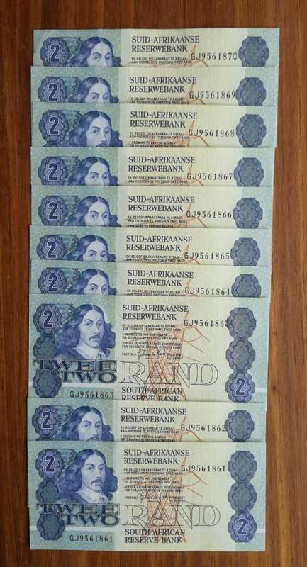 South Africa GPC de Kock 10 Consecutive number Two Rands. GJ9561861- 9561870
