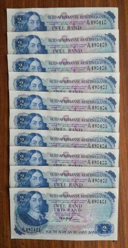 South Africa TW de Jongh 10 Consecutive number Two Rands. (D75) 490401-490410