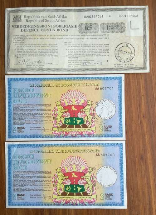 South Africa and Boputhatswana Bearer Bonds and Defence Bonds.