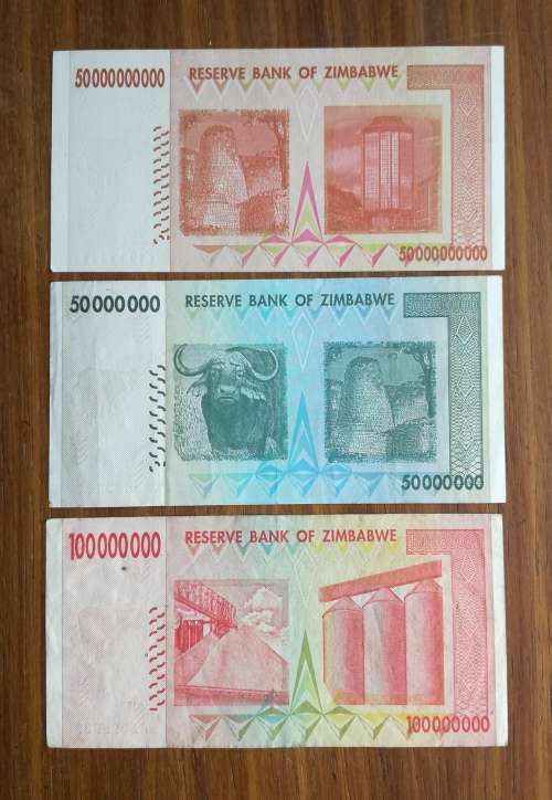 Zimbabwe Fifty Billion, Hundred and Fifty Million dollar bank notes.