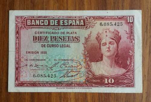 Spain 1935 Diez Pesetas Bank note.
