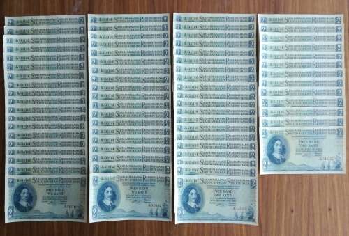 South Africa 70 Consecutive UNC Rissik old Two Rand Bank notes. (130-200)