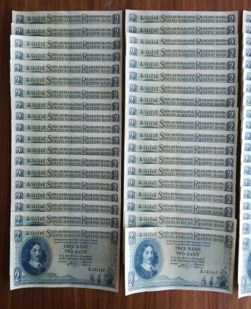 South Africa 70 Consecutive UNC Rissik old Two Rand Bank notes. (130-200)