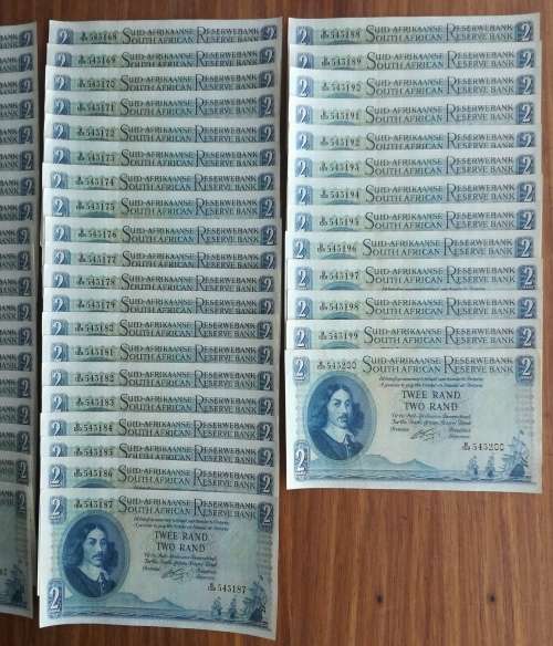 South Africa 70 Consecutive UNC Rissik old Two Rand Bank notes. (130-200)