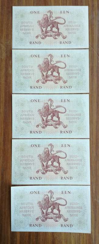 South Africa 5 Consecutive UNC Rissik old One Rand Bank notes. (072-076)