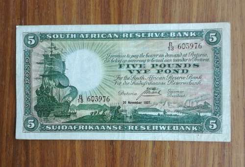 South Africa Postmus 30 November 1937 Old Five Pounds Bank note. (976)