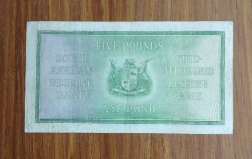 South Africa Postmus 30 November 1937 Old Five Pounds Bank note. (976)