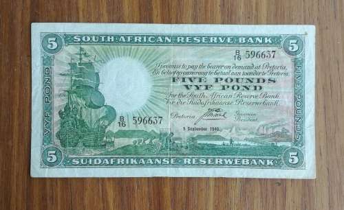 South Africa Postmus 9 September 1940 Old Five Pounds Bank note. (637)