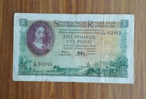 South Africa M.H. de Kock 9 April 1952 Five Pounds bank note. (913)