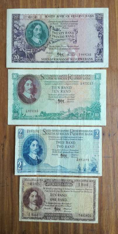 South Africa M.H. de Kock Old R20, R10, R2 and R1 bank notes.