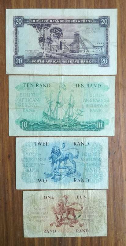 South Africa M.H. de Kock Old R20, R10, R2 and R1 bank notes.