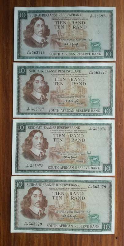 South Africa 4 consecutive number de Jongh Old R10 bank notes. (976-979)