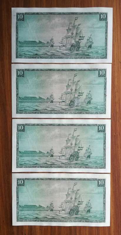 South Africa 4 consecutive number de Jongh Old R10 bank notes. (976-979)