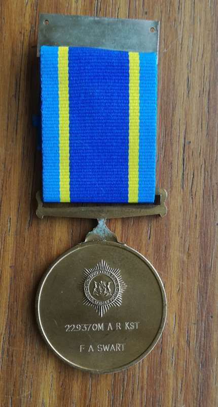 South Africa Police long service Medal awarded to 229370M AR. KST.  F.A. SWART
