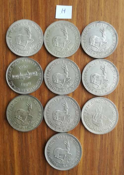 South Africa collection of 10 Silver 5 Shillings. One bid takes all.