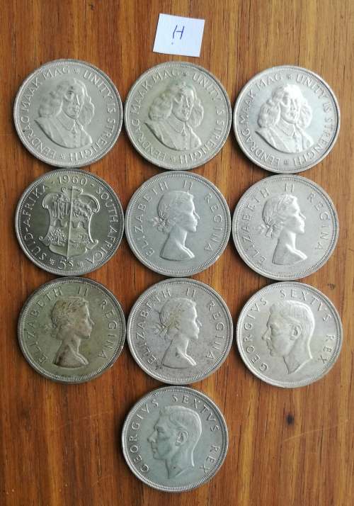 South Africa collection of 10 Silver 5 Shillings. One bid takes all.