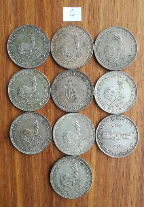 South Africa collection of 10 Silver 5 Shillings. One bid takes all.