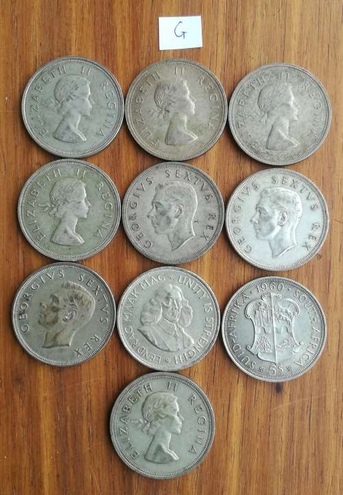 South Africa collection of 10 Silver 5 Shillings. One bid takes all.