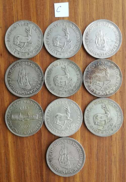 South Africa collection of 10 Silver 5 Shillings. One bid takes all.