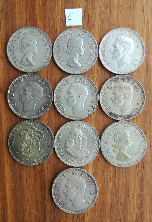 South Africa collection of 10 Silver 5 Shillings. One bid takes all.