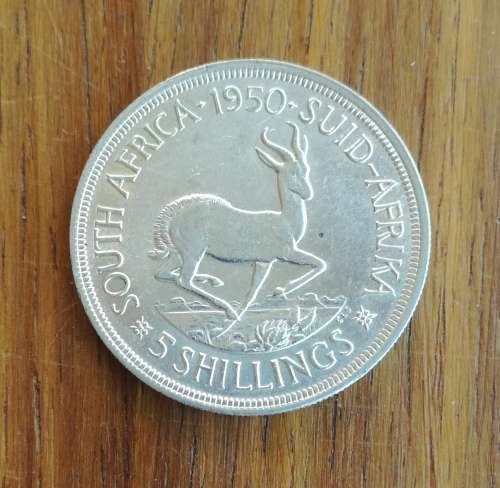 South Africa 1950 Silver 5 Shillings. Good condition.