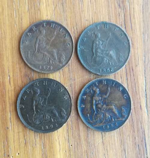 Great Britain Queen Victoria 1893, 1884, 1868 and 1874H Better Grade Farthings.
