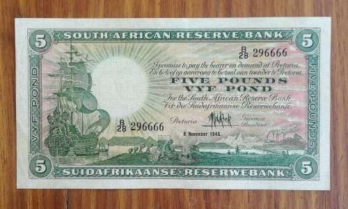 South Africa M.H. de Kock 8 November 1946 Five Pounds. B28 (666) Good Condition