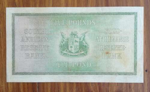South Africa M.H. de Kock 8 November 1946 Five Pounds. B28 (666) Good Condition
