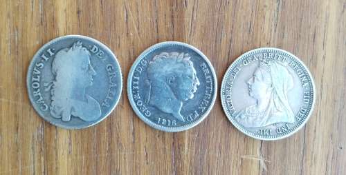 Great Britain Silver 1663, 1816 and 1893 Coins.