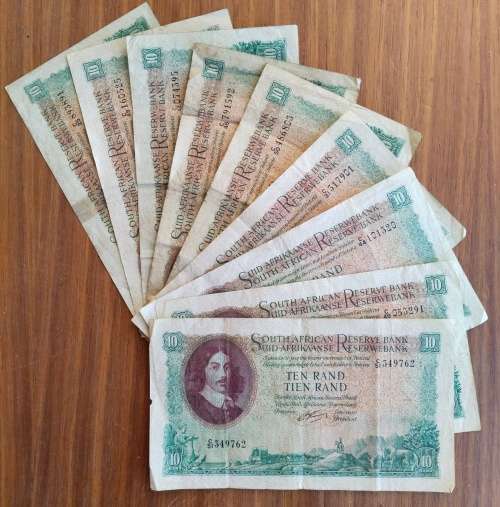 South Africa collection of 9 old Rissik R10 Bank Notes.