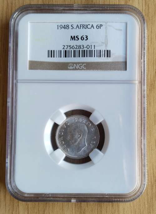 South Africa 1948 MS63 NGC Silver Sixpence.