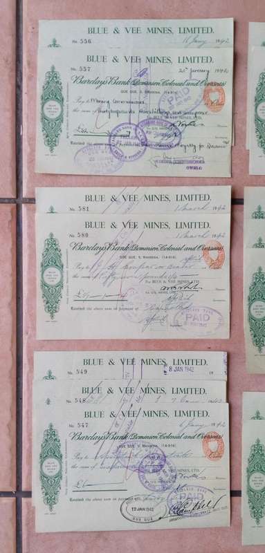 Rhodesia Collection of 16 sets of consecutive 1940s Barclays Bank Vee Mines Cheques