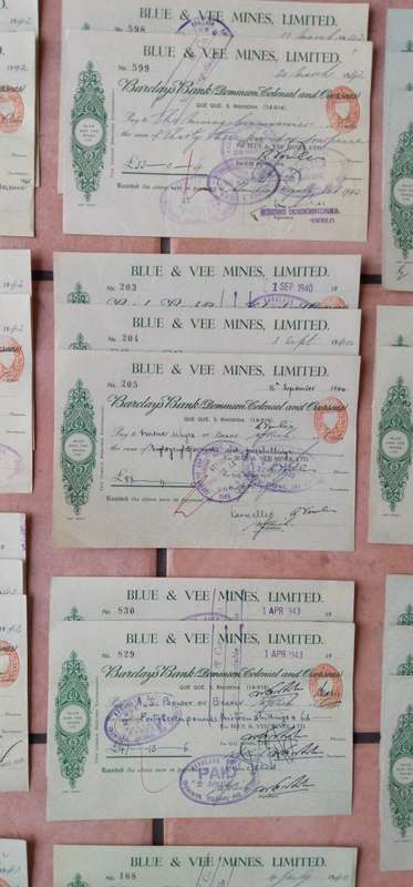 Rhodesia Collection of 16 sets of consecutive 1940s Barclays Bank Vee Mines Cheques