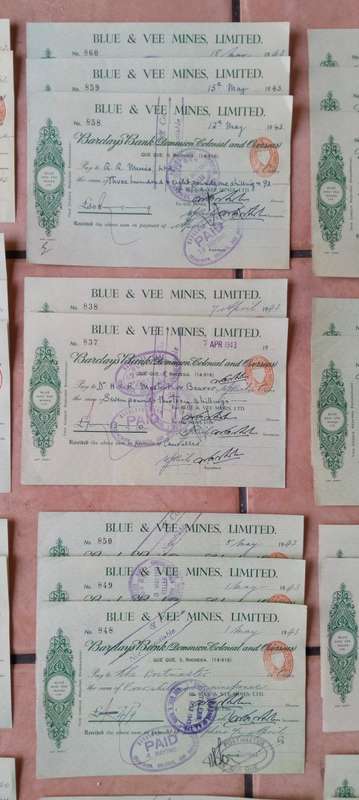 Rhodesia Collection of 16 sets of consecutive 1940s Barclays Bank Vee Mines Cheques