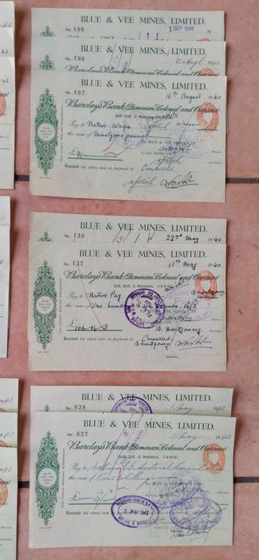 Rhodesia Collection of 16 sets of consecutive 1940s Barclays Bank Vee Mines Cheques