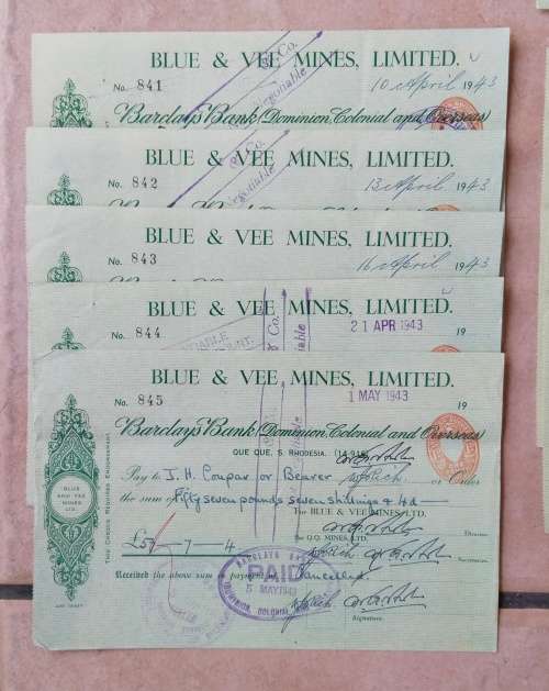 Rhodesia Collection of 16 sets of consecutive 1940s Barclays Bank Vee Mines Cheques