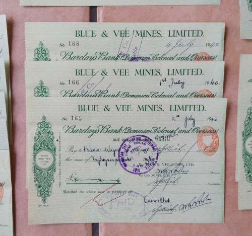 Rhodesia Collection of 16 sets of consecutive 1940s Barclays Bank Vee Mines Cheques