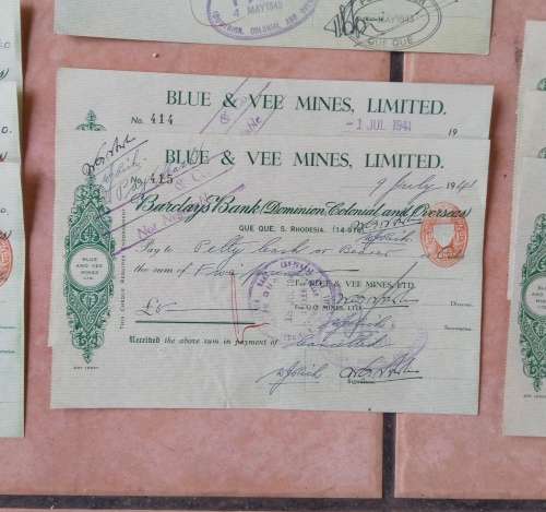 Rhodesia Collection of 16 sets of consecutive 1940s Barclays Bank Vee Mines Cheques