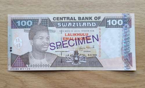 SPECIMEN SWAZILAND 100 EMALANGENI BANK NOTE. NICE ITEM!!