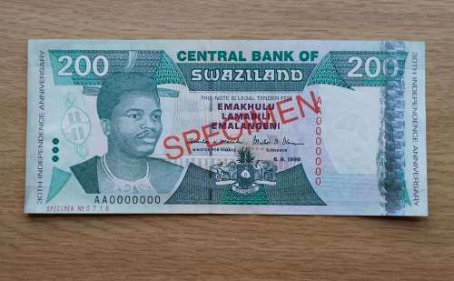 SPECIMEN SWAZILAND 200 EMALANGENI BANK NOTE. NICE ITEM!!