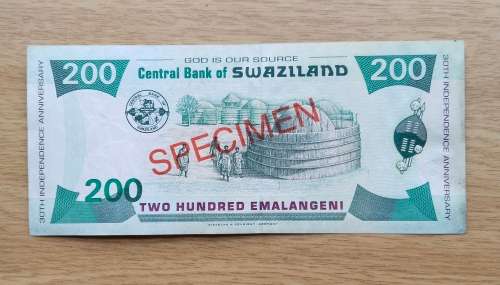 SPECIMEN SWAZILAND 200 EMALANGENI BANK NOTE. NICE ITEM!!