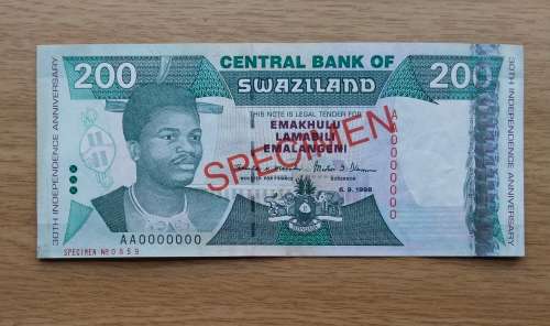 SPECIMEN SWAZILAND 200 EMALANGENI BANK NOTE. NICE ITEM!!