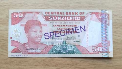 SPECIMEN SWAZILAND 50 EMALANGENI BANK NOTE. NICE ITEM!!