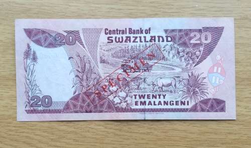 SPECIMEN SWAZILAND 20 EMALANGENI BANK NOTE. NICE ITEM!!
