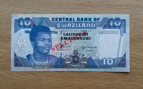 SPECIMEN SWAZILAND 10 EMALANGENI BANK NOTE. NICE ITEM!!
