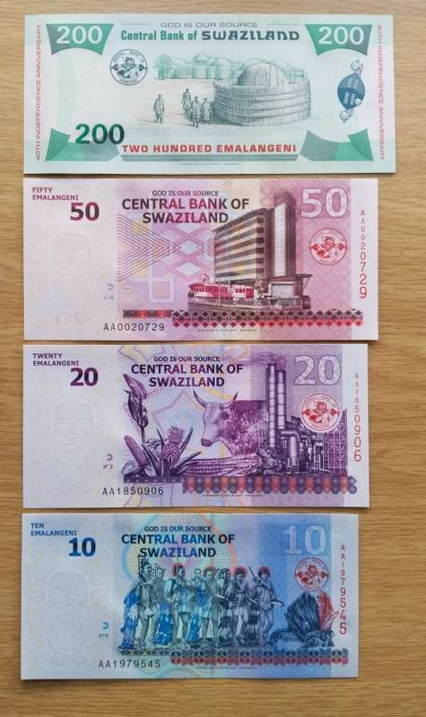 Swaziland UNC 200, 50, 20 and 10  Emalangeni Bank Notes.