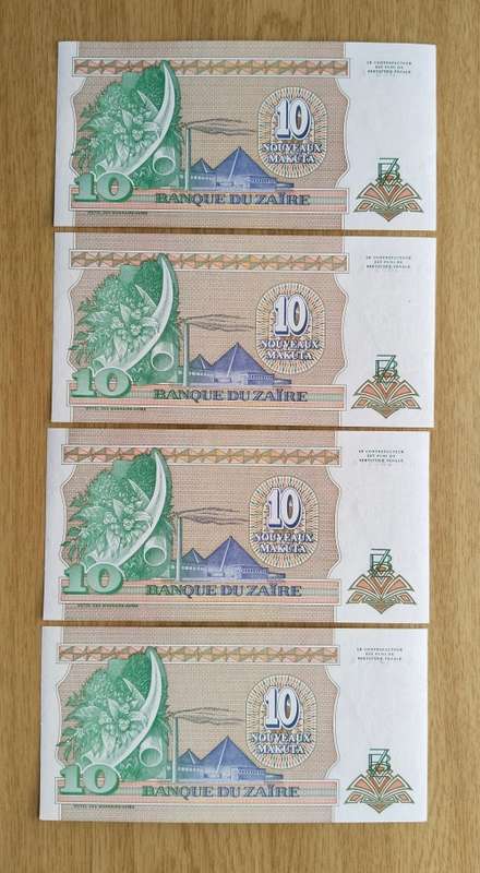 Zaire 4 UNC Consecutive number 10 Nouveaux Bank Notes. (555-558)